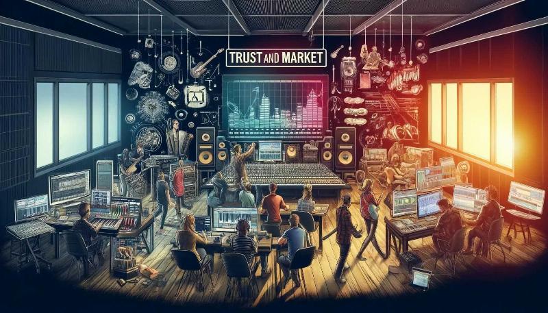 Un studio de production musicale moderne où les chansons d’aujourd’hui sont créées, avec un artiste ou producteur travaillant sur l’équipement